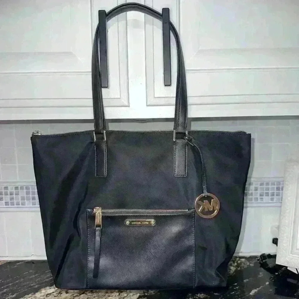 Michael Kors Ariana Large Nylon ToteShoulder Bag with Leather Handles Black!